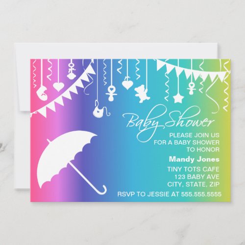 Rainbow umbrella modern baby shower invitations