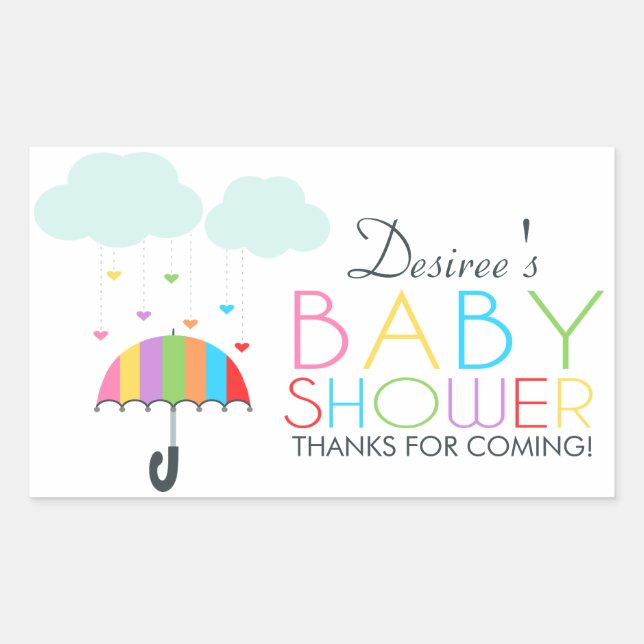 Rainbow Umbrella Neutral Baby Shower Rectangular Sticker (Front)