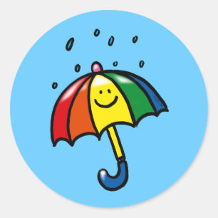 Rainbow umbrella & rain drops classic round sticker