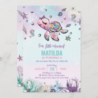 Rainbow Under the Sea Turtle Coral Birthday Party  Invitation