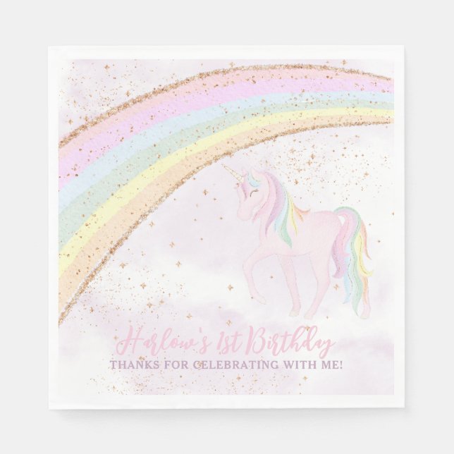 Rainbow Unicorn 1st Birthday Girls Pastel Napkins (Front)