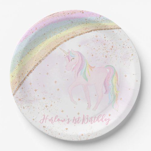 Rainbow Unicorn 1st Birthday Girls Pastel Paper Plates