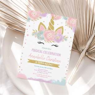 Rainbow Unicorn 1st Birthday Invitation