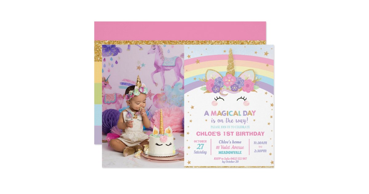 Rainbow Unicorn 1st Birthday Party Girl With Photo Invitation
