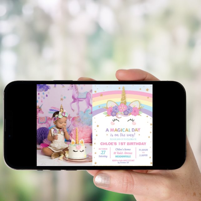 Rainbow Unicorn 1st Birthday Party Girl with Photo Invitation (Front Digital)