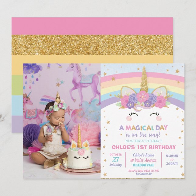 Rainbow Unicorn 1st Birthday Party Girl with Photo Invitation (Front/Back)