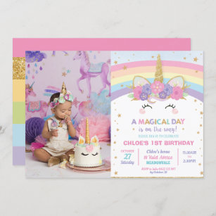 Rainbow Unicorn 1st Birthday Party Girl with Photo Invitation
