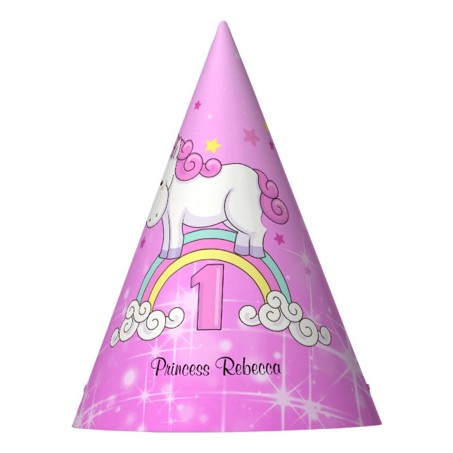 Rainbow Unicorn 1st Birthday Party Hat (Front)