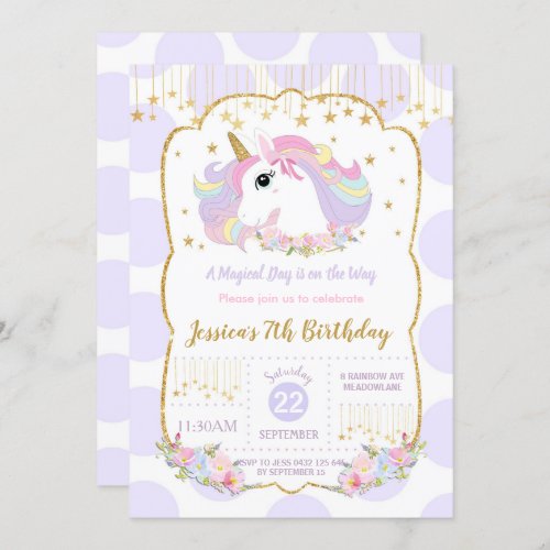 Rainbow Unicorn 1st Birthday Purple Polka Dot Invitation