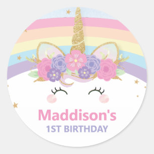 Rainbow Unicorn 1st Birthday Thank You Favor Classic Round Sticker