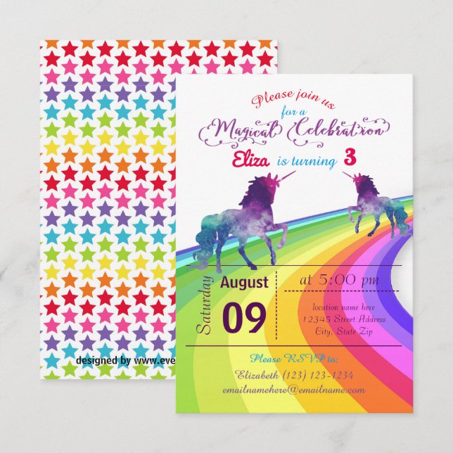 Rainbow Unicorn - 3x5 Birthday Invitation (Front/Back)