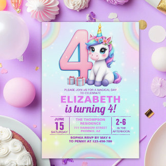 Rainbow Unicorn 4th Birthday for Girls” Invitation
