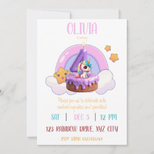 Rainbow Unicorn 4th Birthday Party Cupcake Invitation