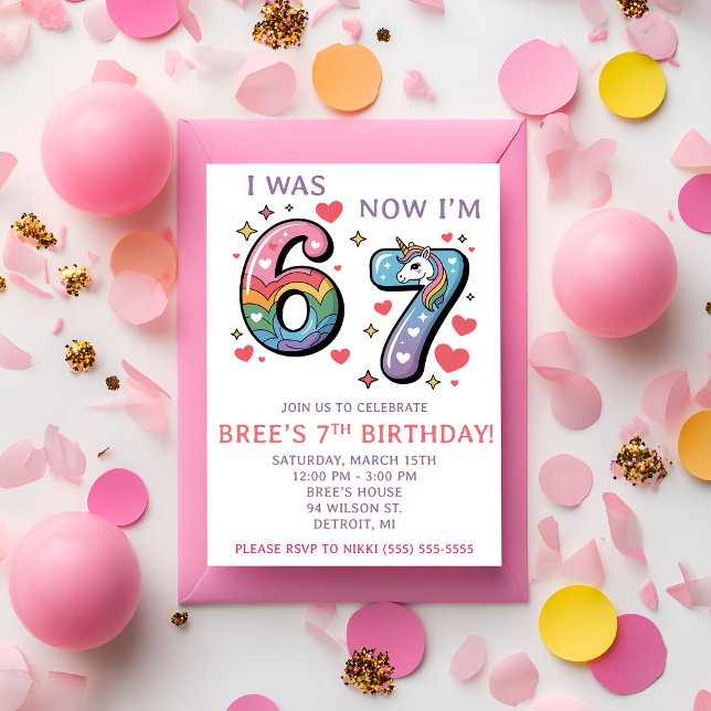 Rainbow Unicorn 67 Themed 7th Birthday Party Invitation (Creator Uploaded)