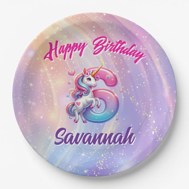 Rainbow Unicorn 6th Birthday Celebration  Paper Plates (Front)