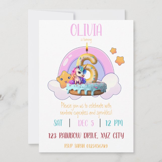 Rainbow Unicorn 6th Birthday Party Cupcake Invitation (Front)