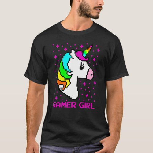 Rainbow Unicorn 8 Bit Gamer Girl Gaming Video Game T_Shirt