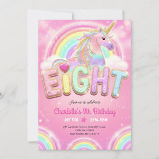 Rainbow Unicorn 8th Birthday Invitation