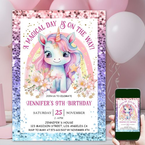 Rainbow Unicorn 9th Birthday Girl Pink Modern Invitation