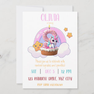 Rainbow Unicorn 9th Birthday Party Cupcake Invitation
