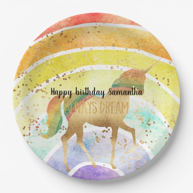 Rainbow Unicorn always dream with gold confetti Paper Plates (Front)