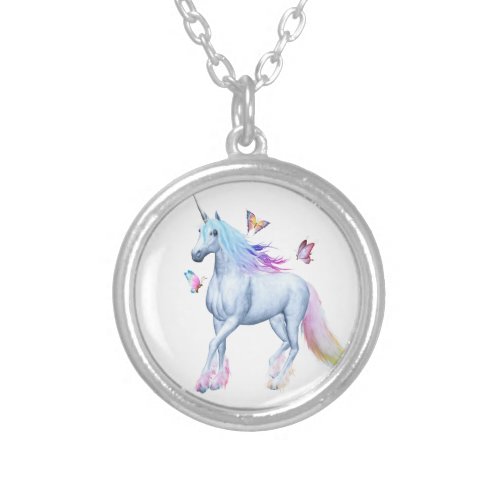 Rainbow unicorn and butterflies silver plated necklace