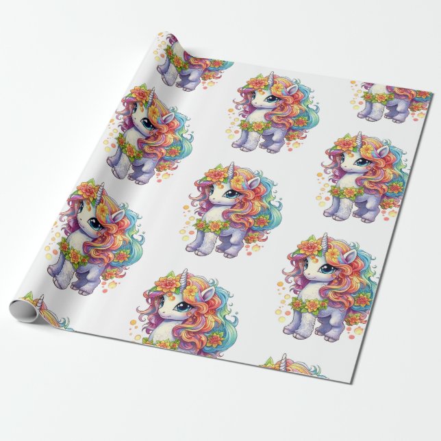 Rainbow Unicorn Anime Cartoon Wrapping Paper (Unrolled)