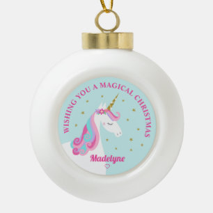 Rainbow Unicorn Aqua Personalized Christmas Ceramic Ball Christmas Ornament