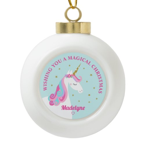 Rainbow Unicorn Aqua Personalized Christmas Ceramic Ball Christmas Ornament