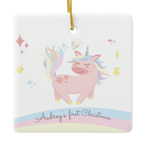 rainbow unicorn baby first christmas photo ceramic ornament