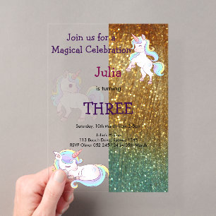 Rainbow Unicorn baby girl birthday gold Acrylic Invitations