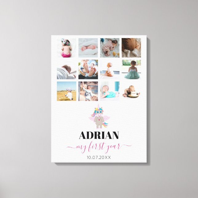 Rainbow Unicorn Baby Girl First Year Photo Collage Canvas Print (Front)