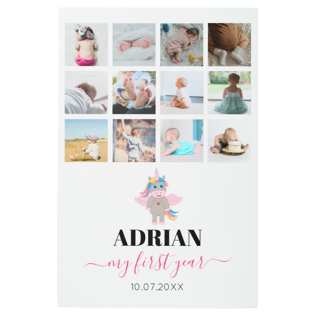Rainbow Unicorn Baby Girl First Year Photo Collage Metal Print (Front)
