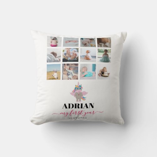 Rainbow Unicorn Baby Girl First Year Photo Collage Throw Pillow