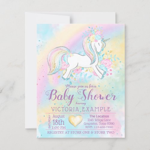 Rainbow Unicorn Baby Girl Shower Invitations