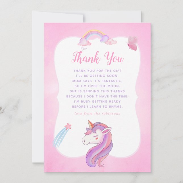 Rainbow Unicorn Baby Girl Shower Thank You (Front)