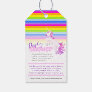 Rainbow unicorn baby shower display gifts tags