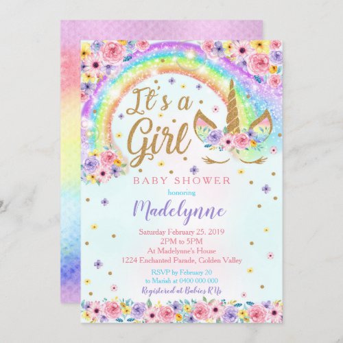 Rainbow Unicorn Baby Shower Invitation Girl