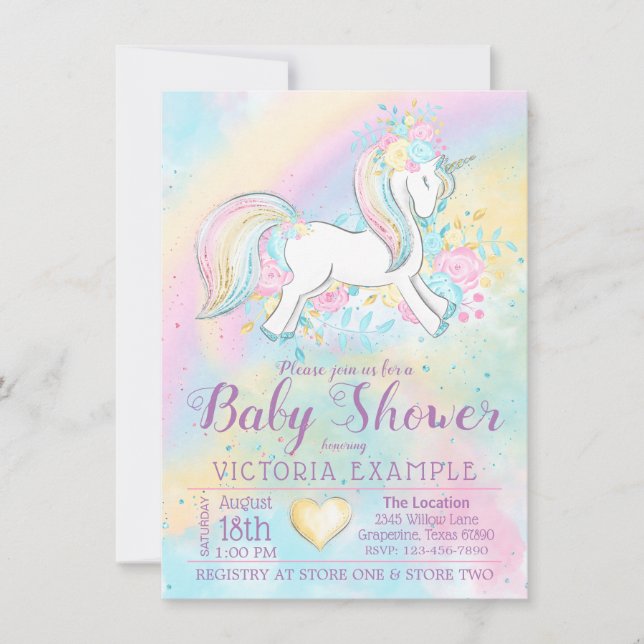 Rainbow Unicorn Baby Shower Invitations (Front)