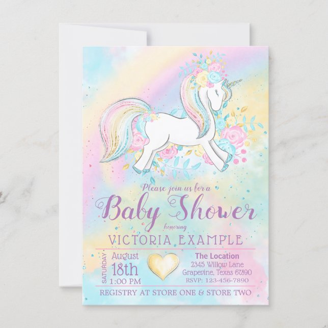 Rainbow Unicorn Baby Shower Invitations (Front)