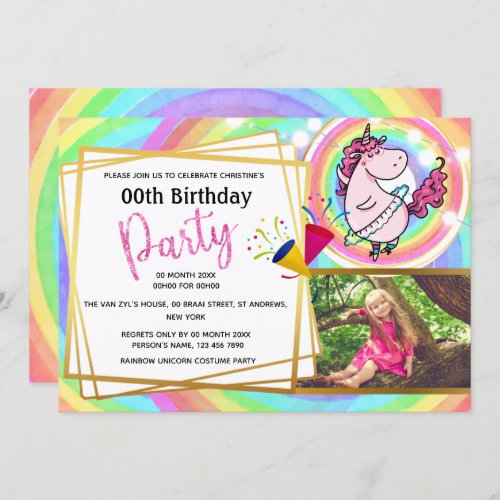 Rainbow unicorn ballerina 2 photo girls birthday invitation