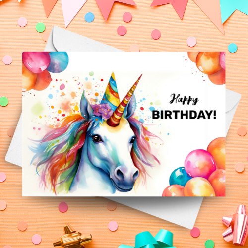 Rainbow Unicorn Balloons and Party Hat Birthday  Card