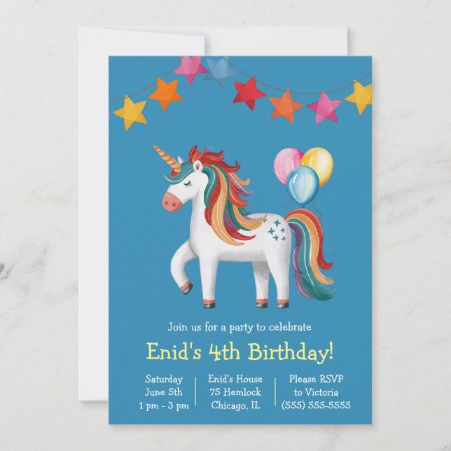 Rainbow Unicorn, Balloons & Banner Birthday Party Invitation (Front)