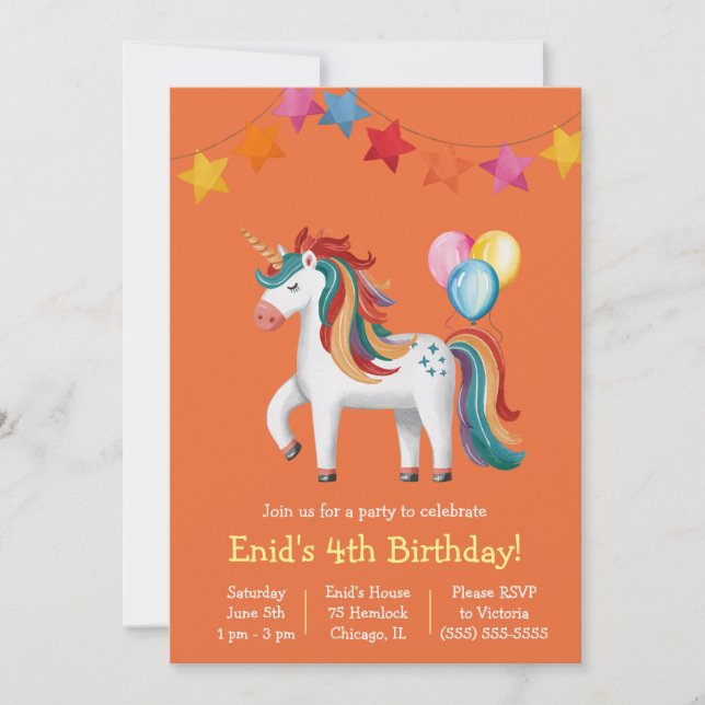 Rainbow Unicorn, Balloons & Banner Birthday Party Invitation (Front)