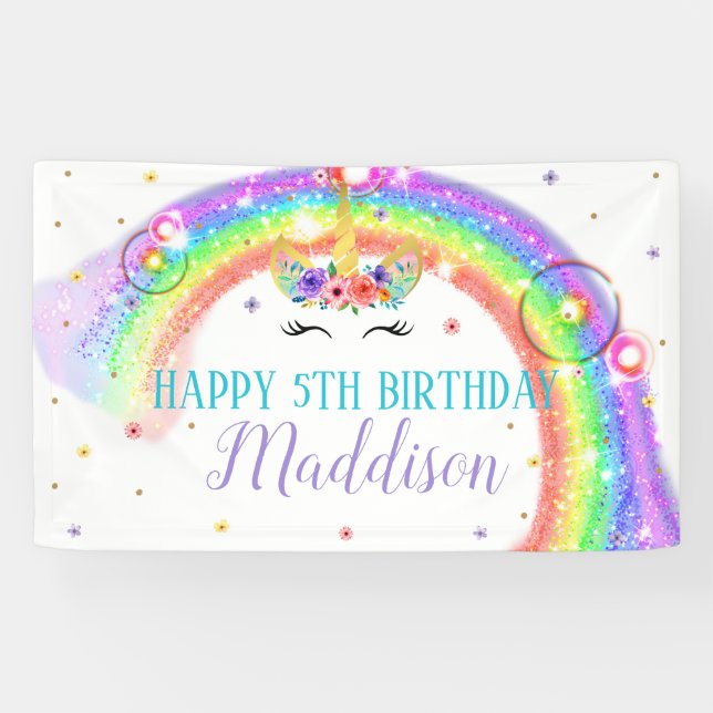 Rainbow Unicorn Birthday Banner Unicorn Face (Horizontal)