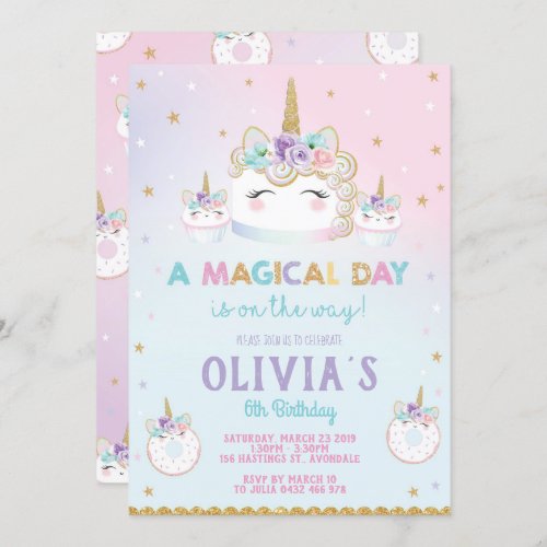 Rainbow Unicorn Birthday Cake Invitation Cupcake