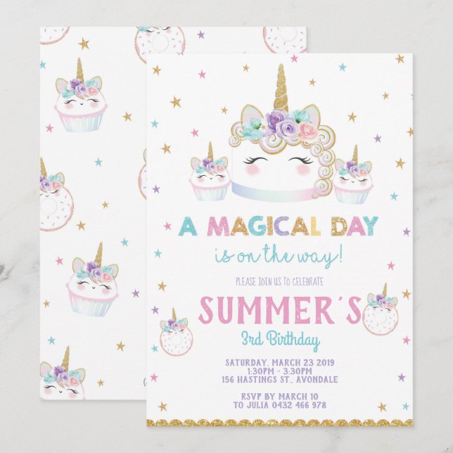 Rainbow Unicorn Birthday Cake Invitation Cupcake (Front/Back)