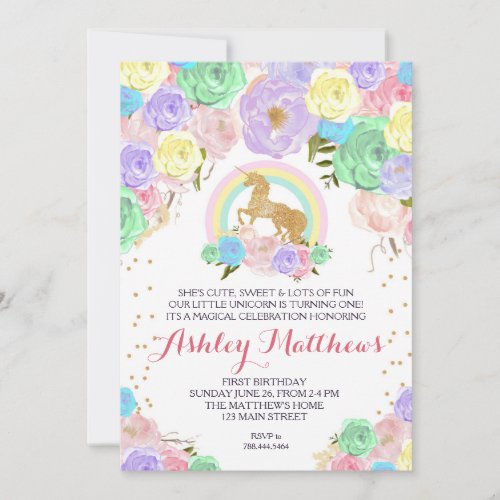 Rainbow Unicorn birthday FIRST Floral Invitation Invitation