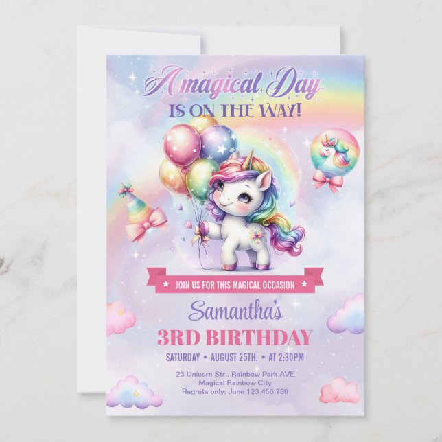 Rainbow Unicorn Birthday Girls Pastel 3rd Birthday Invitation (Front)