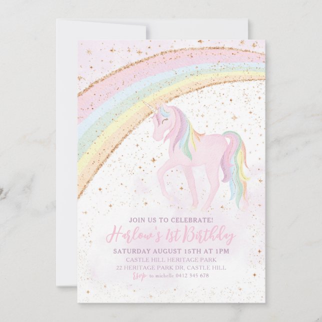 Rainbow Unicorn Birthday Girls Pastel Invitation (Front)